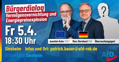 Event-Flyer Bürgerdialog Ortsverband Sinsheim mit J. Kuhs und M. Bernhard