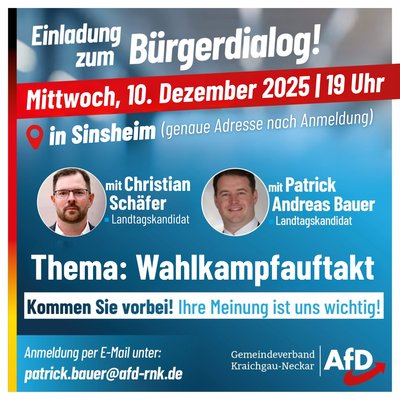 Event-Flyer Bürgerdialog in Sinsheim mit Landtagskandidaten Christian Schäfer und Patrick Andreas Bauer