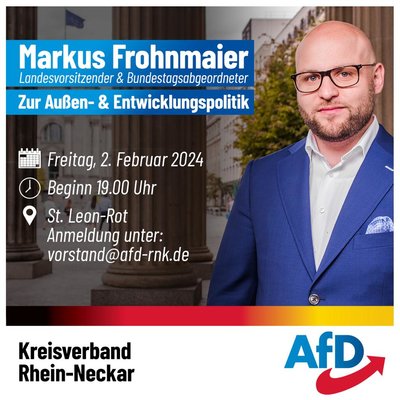 Event-Flyer Stammtisch mit Markus Frohnmaier (MdB) zur Außen- und Entwicklungspolitik